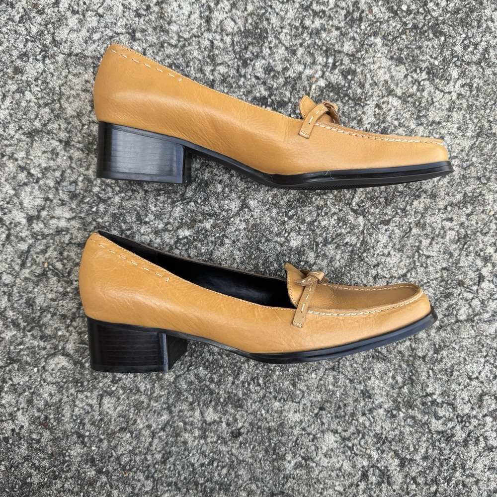 Jennifer Moore Mansfield Tan Leather Loafers Women's Sz 9.5 Block Heel Bow - Picture 6 of 10